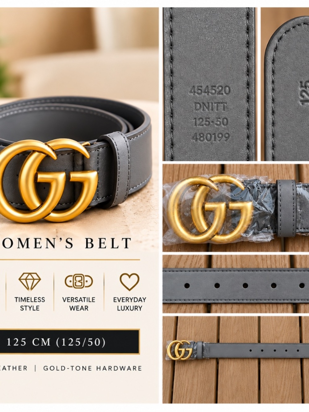Women's Black Leather Belt (Gold-Tone Buckle 125cm